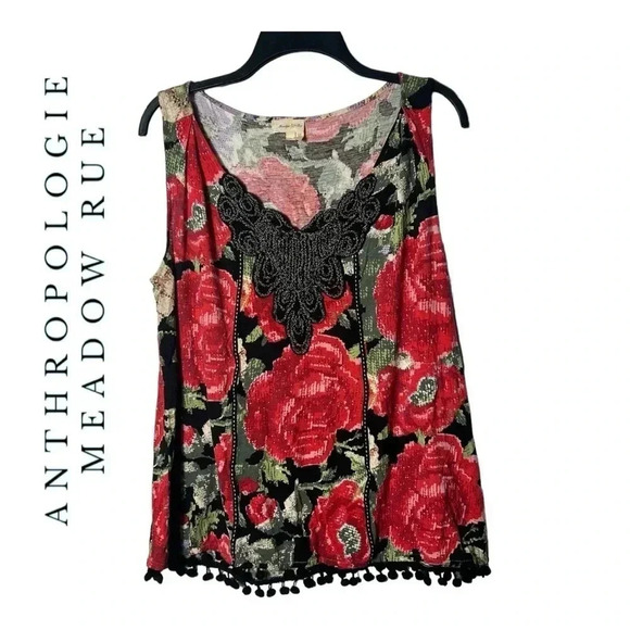 1823. ANTHROPOLOGIE MEADOW RUE SLEEVELESS EMBROIDERED TOP WITH TASSELS AT BOTTOM - Picture 2 of 10